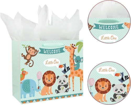 Vista 4 de Laidans Bolsa de regalo grande de 13" para bebé niño o niña para baby shower con papel de seda y tarjeta de felicitación (Azul)