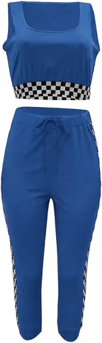 Vista 3 de SCORP Conjunto de 2 piezas para mujer con cuello redondo y pantalones ajustados con cordón, Azul Patchwork, M