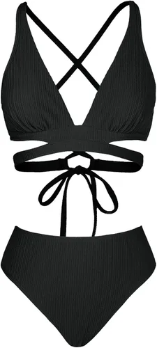 Vista 5 de CUPSHE Conjunto de bikini para mujer, traje de baño de dos piezas, parte superior triangular, tiro medio, entrecruzado en la espalda, tirantes