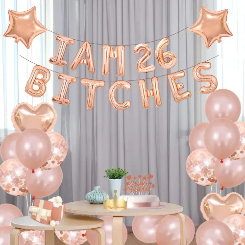 Vista 3 de Juego de fiesta de cumpleaños número 26, con texto en inglés "I am 26 Bitches" (Soy 26 Bitches), globos de confeti de oro rosa para niñas de 26 años