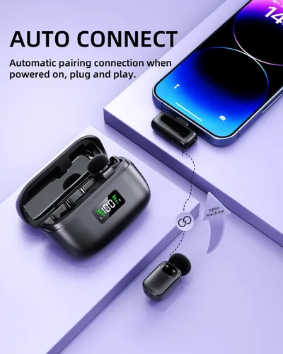 Vista 2 de T1 mini micrófono inalámbrico Lavalier para iPhone/Android/iPad, reducción de ruido de 3 niveles, duración de la batería de 30 horas, cambiador