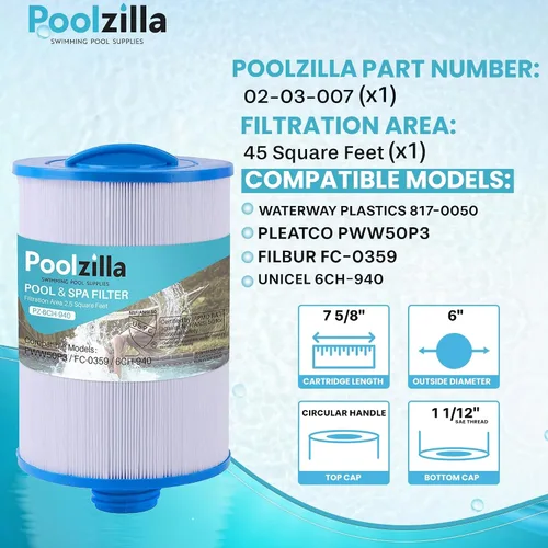 Vista 2 de Poolzilla Paquete de 1 repuesto para filtro de spa PWW50P3 (rosca gruesa de 1 1/2 pulgadas), Unicel 6CH-940, 817-0050, Filbur FC-0359, 25252