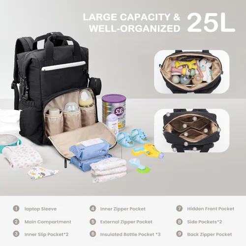 Vista 3 de VONAL Mochila de pañales, bolsas de pañales para bebés ligeras, bolsa de pañales grande para viajes con cambiador, mochila de pañales negra