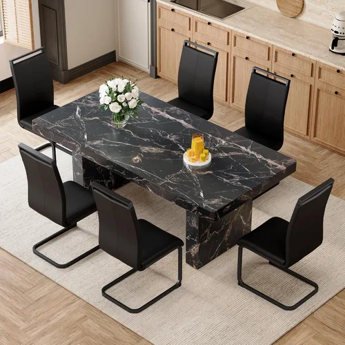 Vista 40 de gopop Mesa de comedor de mármol de 63 pulgadas, tablero de mesa de comedor MDF con patrón de mármol y base para cocina y comedor.