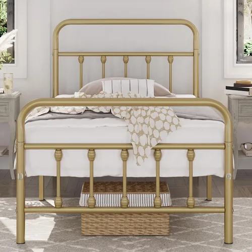 Vista 12 de Yaheetech Base de cama con plataforma de metal, cabecero y estribo Bronce