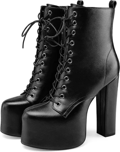 Vista 3 de Perisis Botines de plataforma de tacón alto grueso para mujer, botines de tacón con cordones de cuero a la moda con cremalleras