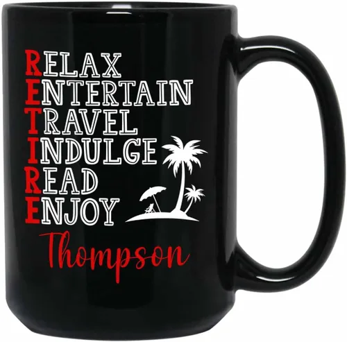 Vista 9 de Taza de café negra de jubilación personalizada, Jubilado está bajo nueva gestión, mira a la esposa para más detalles, taza de té de 11 15 onzas