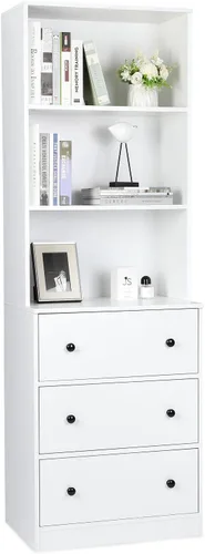 Vista 8 de VOWNER Archivador vertical, estantería moderna de 3 niveles con 3 cajones grandes, archivador de madera con estante de almacenamiento abierto