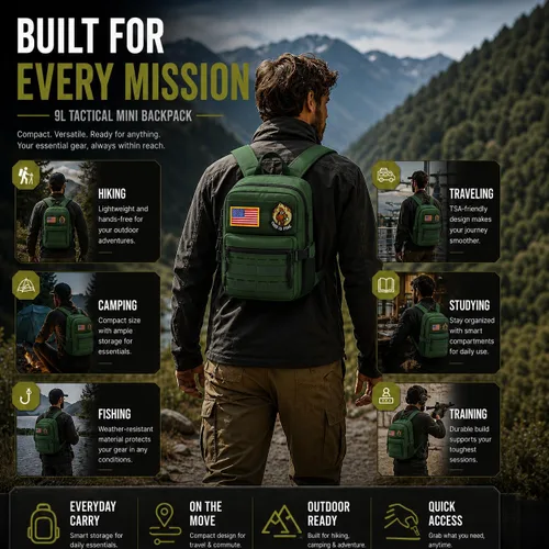 Vista 7 de Mini mochila táctica de 9L para hombres y mujeres, mochila táctica militar pequeña para deportes, gimnasio, senderismo, viajes, camping, Verde Verde