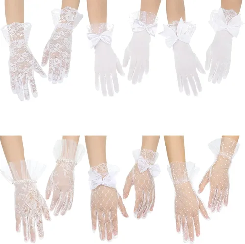 Vista 2 de Maitys 6 pares de guantes de encaje para mujer, elegantes guantes cortos para fiesta de té, guantes florales de boda para mujeres y niñas