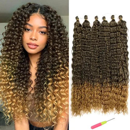 Vista 34 de Extensiones de cabello ondulado con ganchillo Ocean Wave de 18 pulgadas, 6 paquetes, extensiones de cabello de ganchillo sueltas de onda profunda #1B