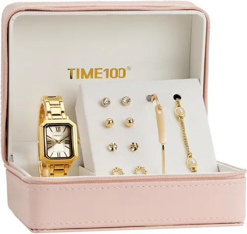 Vista 4 de TIME100 Juego de reloj rectangular para mujer con pulsera, cadena y 4 pares de aretes, caja de regalo rosa con cremallera W50893L