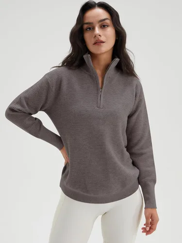 Vista 5 de DEEP SELF Otoño - Suéter elástico de manga larga con cuello en V y cremallera de 14 para mujer, suéteres sólidos de punto acanalado