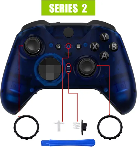 Vista 4 de eXtremeRate Cubierta de repuesto azul transparente para Xbox One Elite Controller Series 2 (modelo 1797), carcasa frontal personalizada y anillos