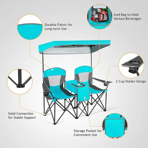 Vista 3 de LUARANE - Silla de camping doble con toldo de sombra, silla portátil de camping de playa con mini mesa soporte para bebidas, bolsa de transporte