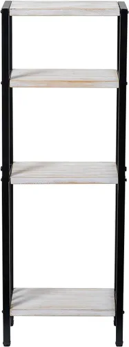 Vista 6 de MyGift Estante de pie de 4 niveles de madera maciza lavada de color blanco desgastado y metal negro mate, estante decorativo rectangular