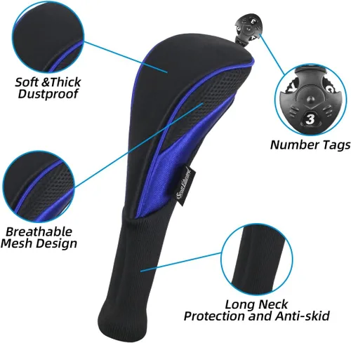 Vista 5 de Scott Edward Juego de 3 fundas para cabezas de palos de golf para Fairway Driver de madera híbrida, cuello largo de malla con etiquetas mixto