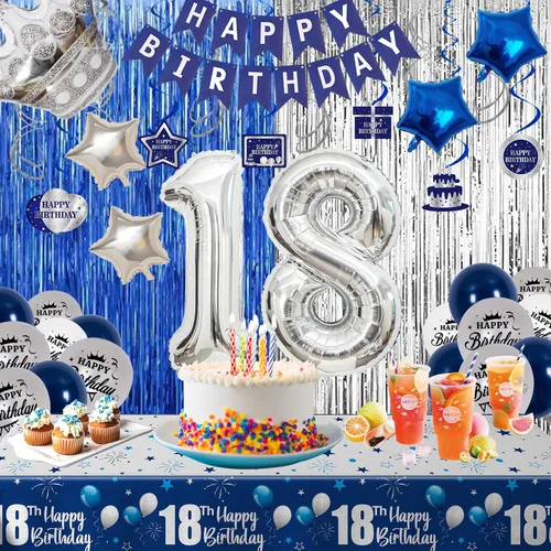 Vista 7 de Decoraciones de cumpleaños número 18 para niños y niñas, decoraciones de feliz cumpleaños número 18, color azul y plateado, incluye pancarta