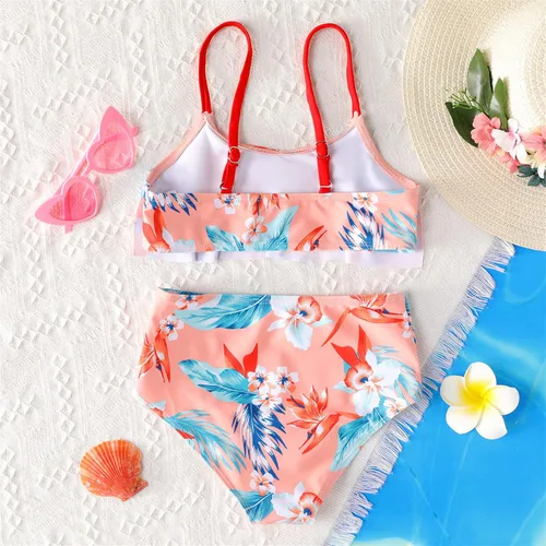 Vista 3 de PATPAT Trajes de baño de dos piezas con estampado floral tropical para niñas, 2 piezas