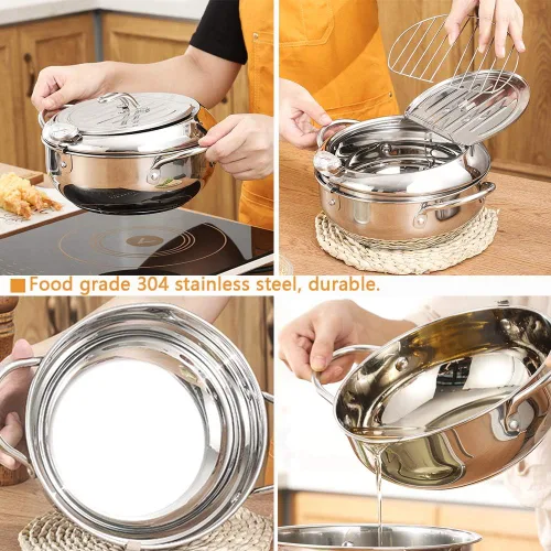 Vista 5 de Olla para freír con cesta de bandeja de gota de aceite y termómetro de aceite Tempura de estilo japonés, mini freidoras pequeñas, para el hogar.