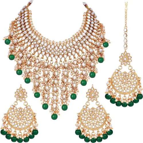Vista 15 de Aheli Elegant Wear - Gargantilla con tachuelas Kundan de imitación con juego de Maang Tikka Azul