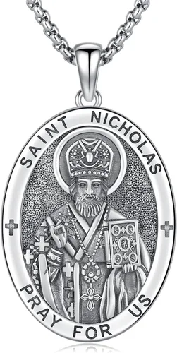 Vista 23 de Collar con colgante de amuleto de medalla de San de plata 10A-St Michael Oval