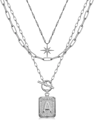 Vista 18 de MJartoria Collares con iniciales en capas para mujer, modernos, chapados en oro de 14 quilates, cadena de papel, collar sencillo con dije de Dorado