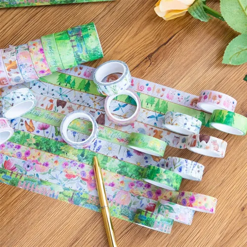 Vista 8 de YUBBAEX 10 Rollos Juego de Cinta Washi de Cuatro Estaciones Hierba Verde y Flores Cintas Decorativas de Enmascarar (Primavera)