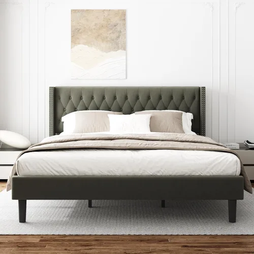 Vista 8 de HAOARA Base de cama tamaño Queen, plataforma tapizada con cabecera con respaldo de ala, botón de terciopelo, fácil montaje, no necesita somier, Beige