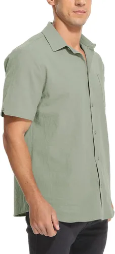 Vista 2 de TUREFACE Camisas casuales con botones para hombre, camisa de vestir de algodón de manga corta