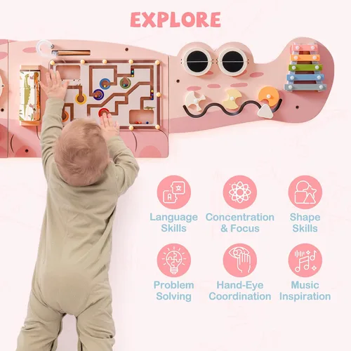 Vista 4 de ROBOTIME Tablero Ocupado de Cocodrilo Paneles de Pared para Niños Pequeños, Tablero de Actividades Sensoriales Montessori Rosa, Centro