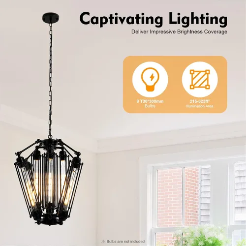 Vista 2 de 8-Lights Retro Metal Pendant Lamp with Glass Lamp Tube, Industrial Metal Chandelier, Vintage Mid Century Lighting Fixture, Steampunk Style Pendant
