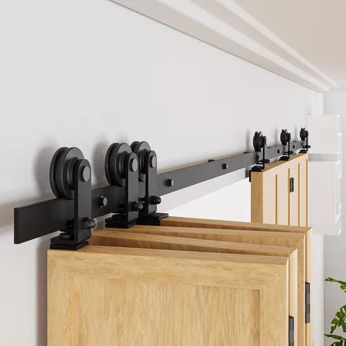 Vista 2 de Kit de rieles de puerta de granero biplegable de 96 pulgadas adecuado para 8 paneles de puerta, nuevo estilo acordeón, resistente y suave, fácil