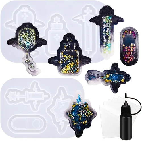 Vista 19 de Conjunto de moldes agitadores de resina, dijes kawaii, paquete de 41 bandejas de silicona, kit de botella aplicadora con punta de precisión, paquete