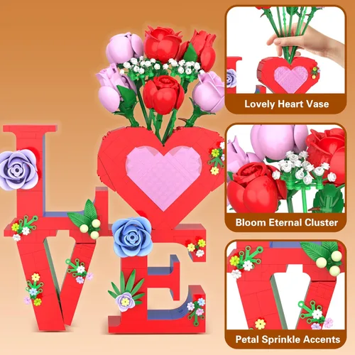 Vista 5 de QIFUN Juego de construcción de florero de corazón romántico de amor, 1216 piezas de ramo de flores de rosas para adultos, regalos creativos