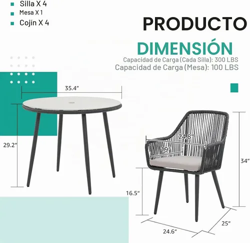Vista 3 de Patiorama - Juego de comedor de 5 piezas, juego de sillas para mesa de comedor al aire libre, color negro