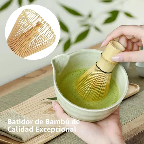 Vista 3 de Juego de batidor de matcha verde, kit de té japonés con batidor y cuchara de bambú, Chawan de cerámica con boquilla para ceremonia de té