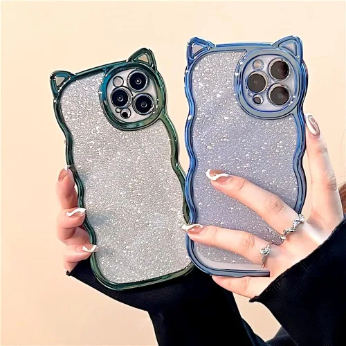 Vista 2 de Funda con purpurina para mujer para iPhone 12 Pro Max, marco ondulado rizado, funda brillante para iPhone 12 Pro Max lindas orejas de gatito en 3D