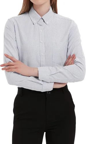 Vista 8 de Camisa con botones para mujer de manga larga Oxford camisa de algodón de corte clásico, blusa de trabajo resistente a las arrugas