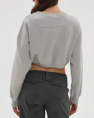 Vista 6 de CHYRII Sudadera corta de gran tamaño para mujer, de forro polar, cuello redondo, manga larga, para otoño e invierno