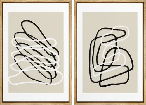 Vista 34 de SIGNWIN Lienzo enmarcado para pared, juego de arte de collage de ondas en espiral de mediados de siglo, formas abstractas, acogedor, neutro
