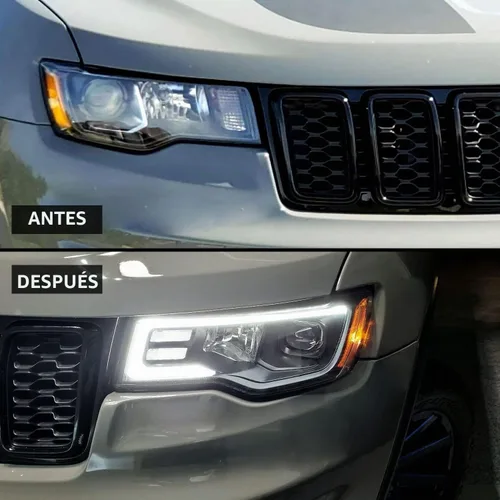 Vista 8 de AmeriLite - Conjunto de faros delanteros de repuesto para Jeep Grand Cherokee Switchback 2017-2022, faros de proyector cuadrados LED, negro, lado