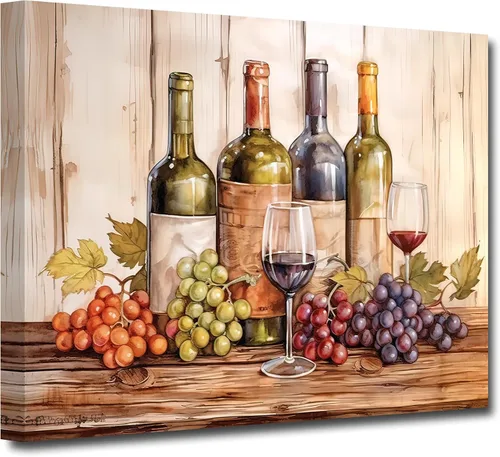 Vista 7 de CXHOSTENT Lienzo decorativo para pared de vino tinto, uvas frescas, frutas y copas de vino, pintura de paisaje campestre para comedor