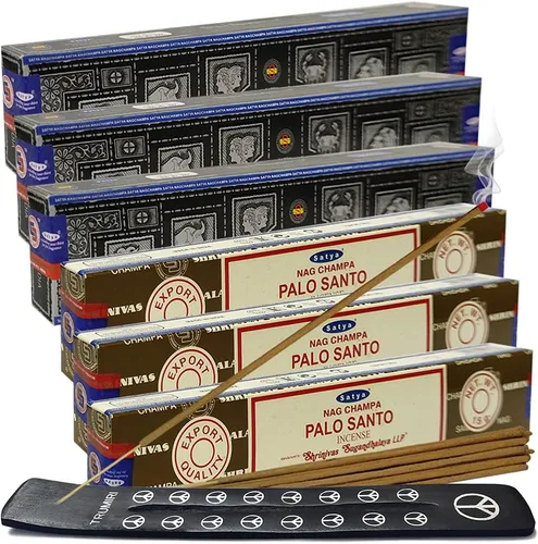 Vista 27 de Varillas de incienso de Sangre de Dragón y Palo Santo con soporte, paquete de variedad de la marca House of Nag Champa y Trumiri