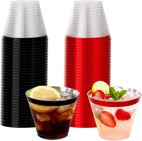 Vista 10 de WELLIFE 120 vasos de plástico negros, vasos de cóctel desechables, copas de vino de plástico desechables, vasos transparentes de 9 onzas para fiesta