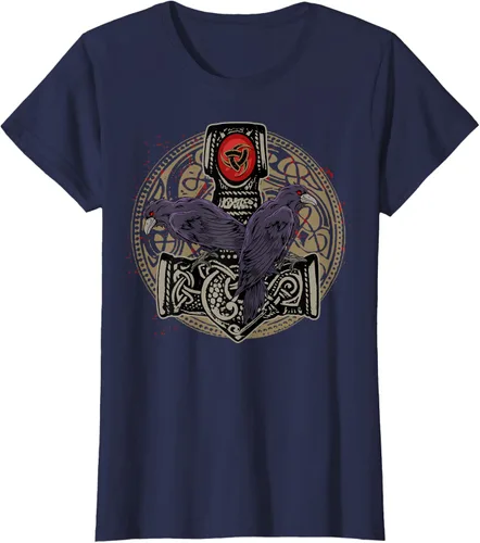 Vista 34 de Thors Hammer Mjolnir Huginn and Muninn Odin Raven - Camiseta, Negro, S