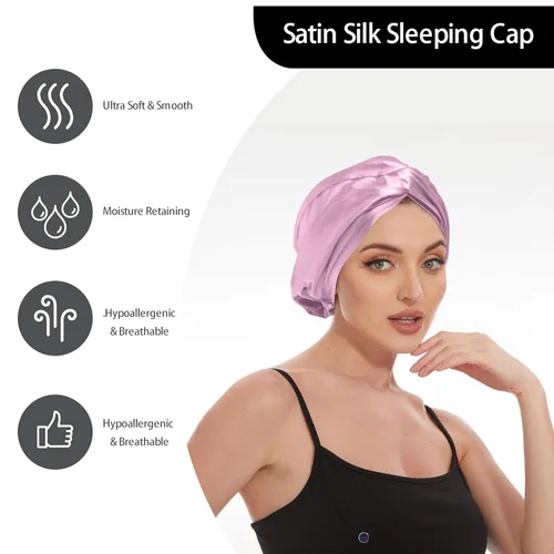 Vista 102 de Gorro de satén de seda ajustable para envolver el cabello para dormir, gorro de dormir de doble capa, turbante nocturno para cabello largo y rizado