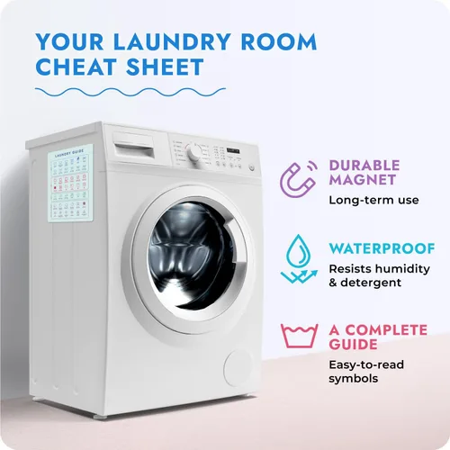 Vista 4 de Imán de símbolos de lavandería para un fácil cuidado de la ropa – Guía de símbolos de lavandería para el hogar, dormitorios y lavanderías – Letrero