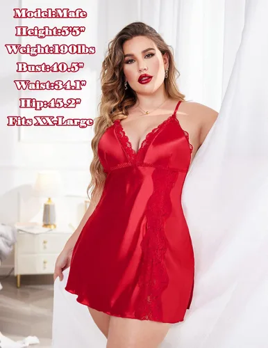 Vista 5 de Avidlove Camisón de encaje de satén para mujer, cuello en V, sexy, vestido de dormir