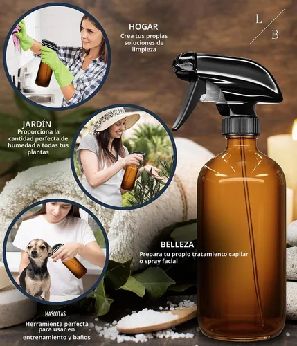 Vista 3 de LiBa Paquete de 2 botellas de vidrio ámbar, botella de spray vacía recargable de 16 onzas para limpieza, aceites esenciales, cabello, plantas